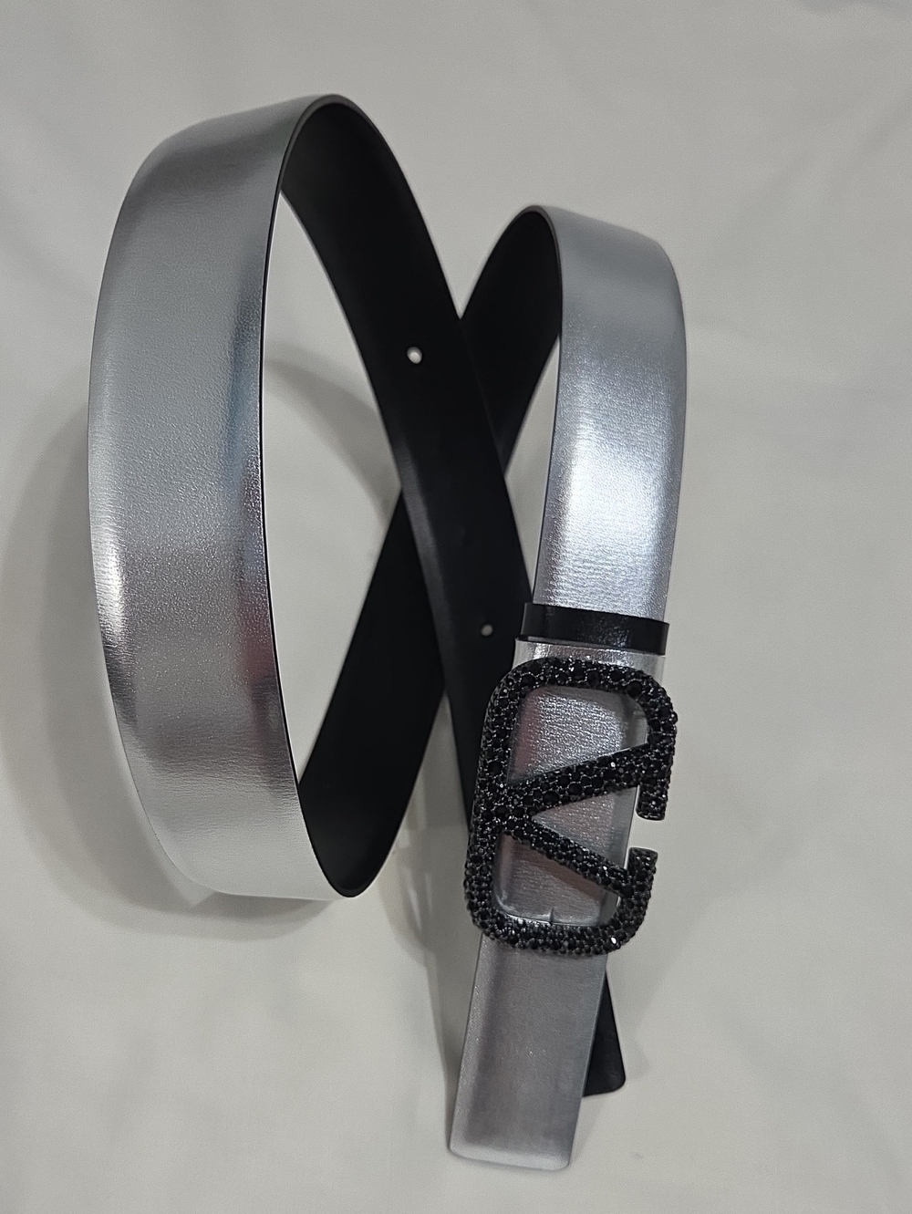 Valentino Silver Metallic Belt with Crystal Logo Buckle Reversible